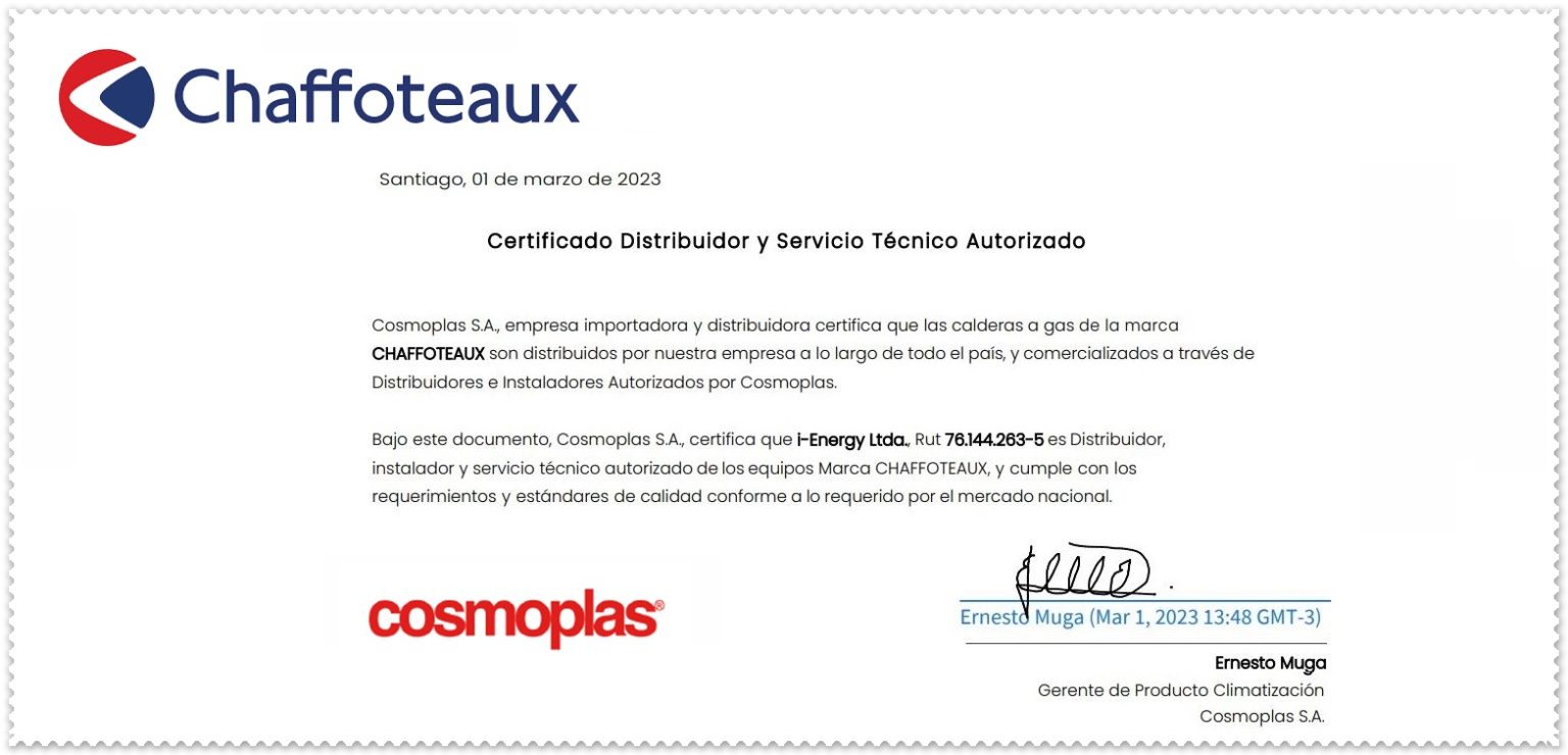 Certificado de Distribuidor Autorizado Chaffoteaux